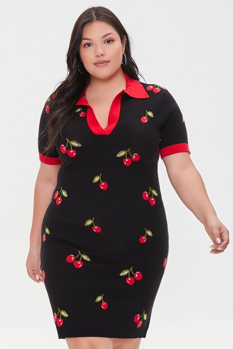Plus Size Cherry Print Sweater Dress